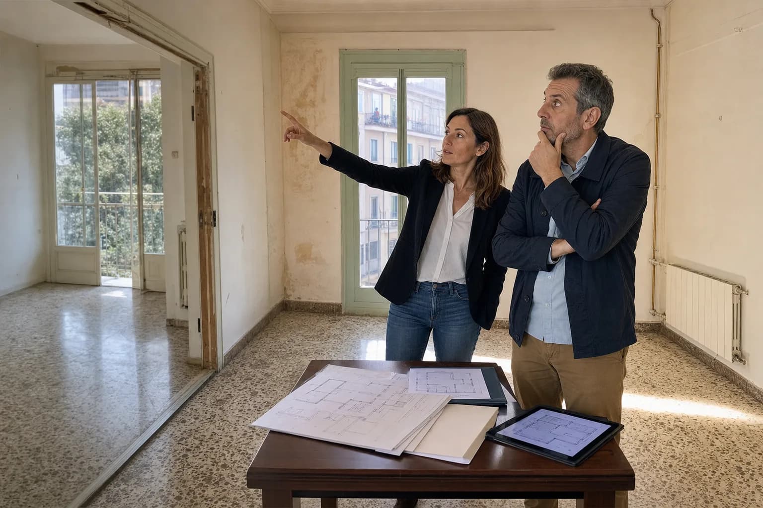 Dos inversores analizan una vivienda con potencial de reforma