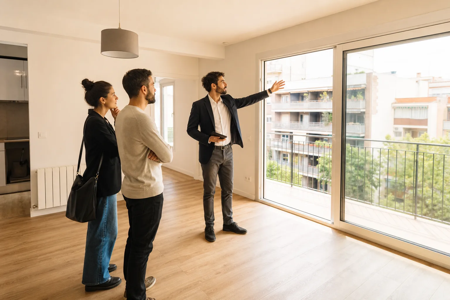 Una pareja visita una vivienda acompañada por un asesor inmobiliario
