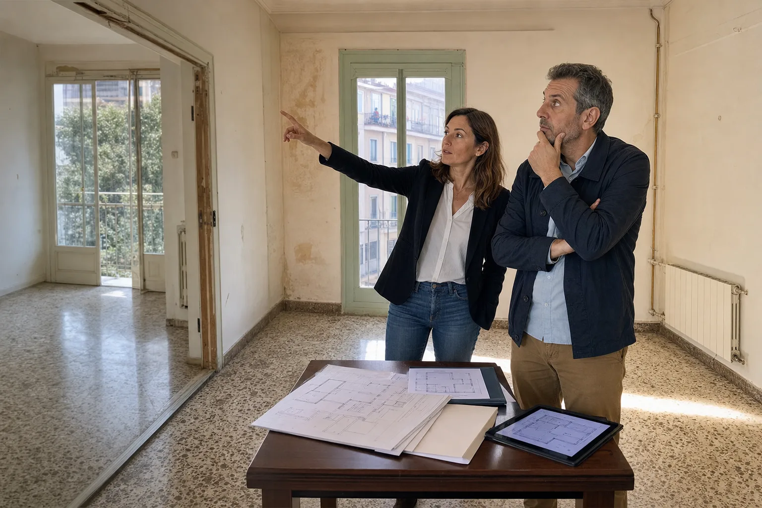 Dos inversores analizan una vivienda con potencial de reforma