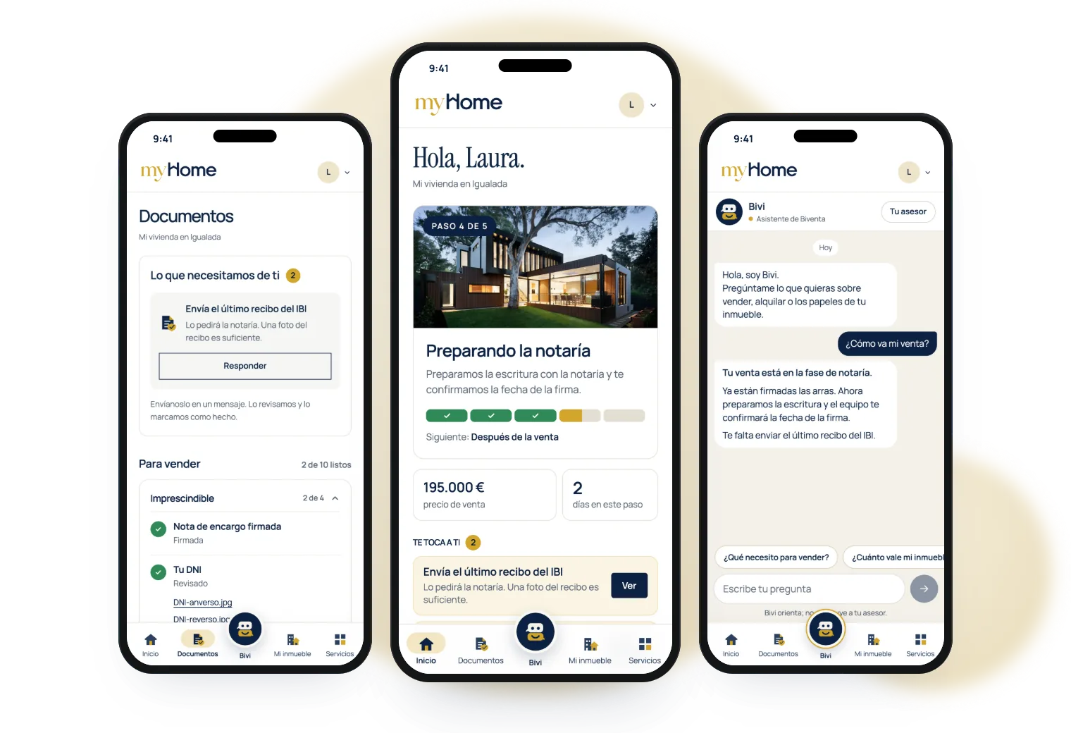 myHome en el móvil: el paso en el que está la venta y lo que ya está hecho, los documentos que faltan y Bivi respondiendo cómo va la venta. Datos de demostración.